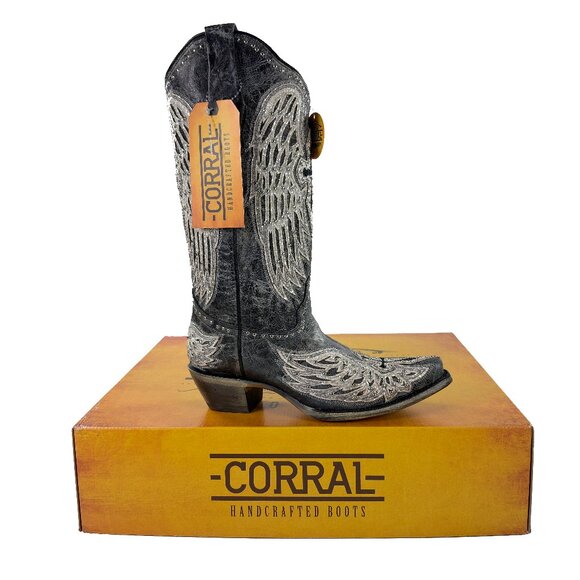 Corral Black Cross & Wings Overlay & Studs Western Boots Womens 7.5 M A4232 NEW - Picture 2 of 11
